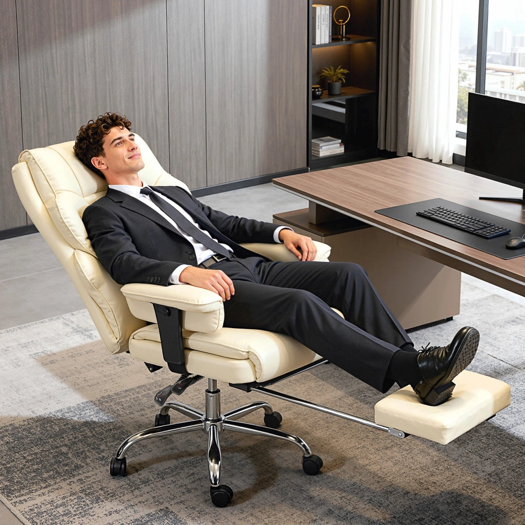 Sedia da Ufficio con Poggiapiedi e Poggiatesta 76x73x117-125 cm in Pelle PU Schiuma e Metallo Bianco Crema