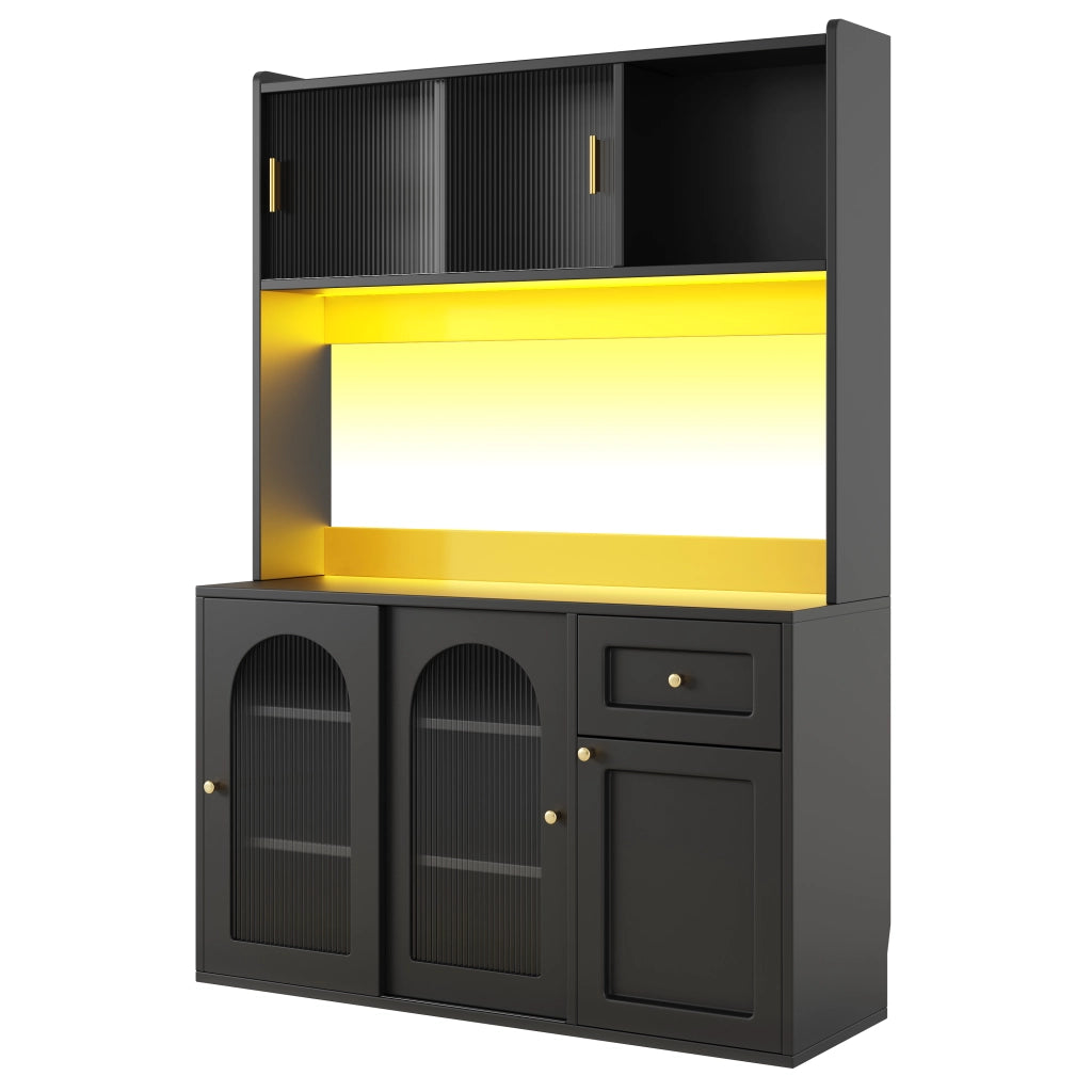 Credenza con LED ¨C MINIMAL ¨C Nero, Ante a Vetro, Ripiani Regolabili