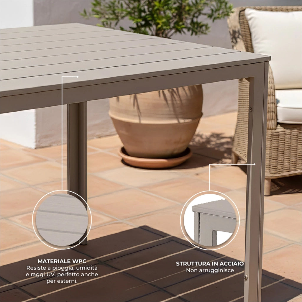 Tavolo da Esterno 6/8 Posti in Acciaio Inox e HDPE Effetto Legno – Tavolo Giardino Grande Resistente a Pioggia, UV e Ruggine, Design Moderno per Terrazzo e Patio 154x78 cm  Beige