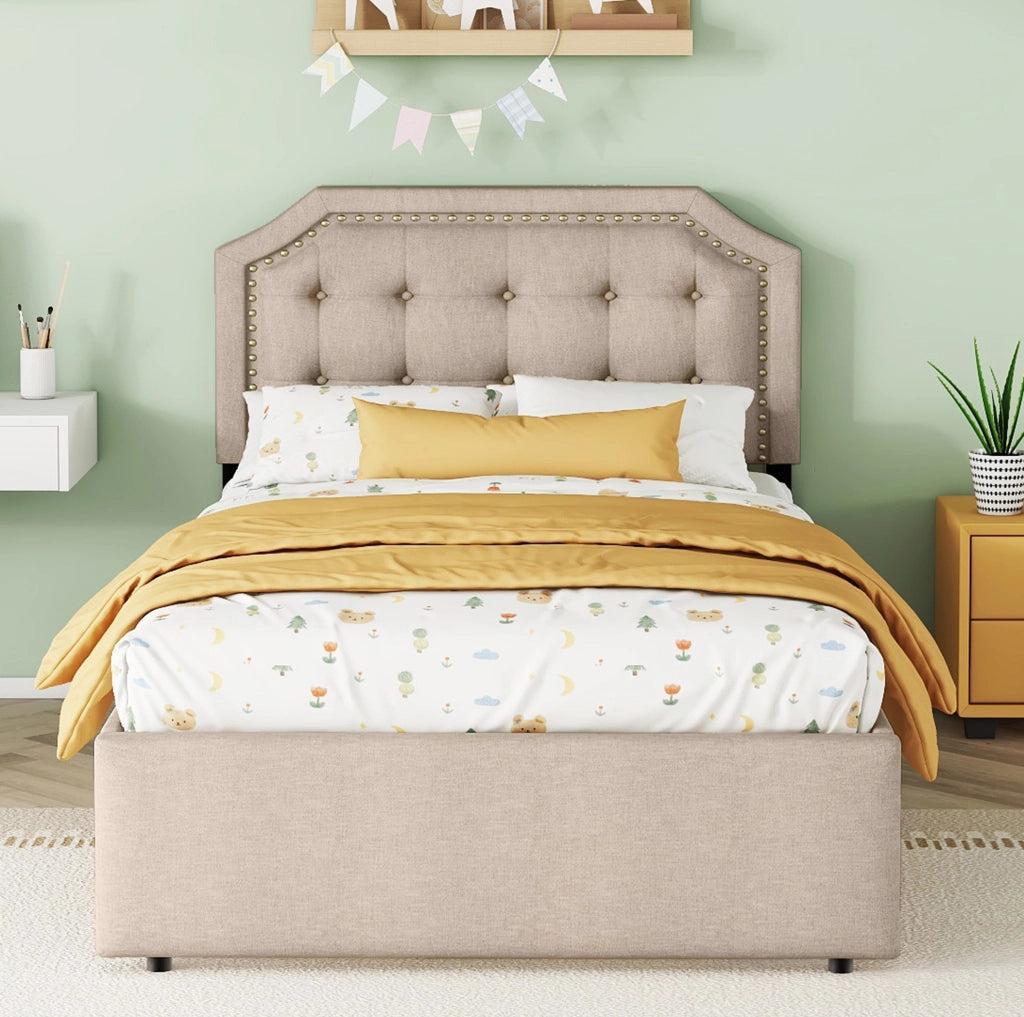 Letto imbottito 90x200 cm con cassetti; testiera regolabile; MDF; beige