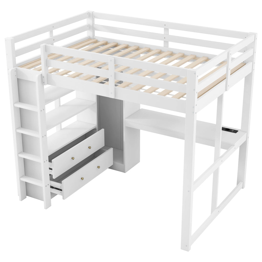 Letto a soppalco 140x200 bianco con scrivania, 2 cassetti, ripiani, LED e USB