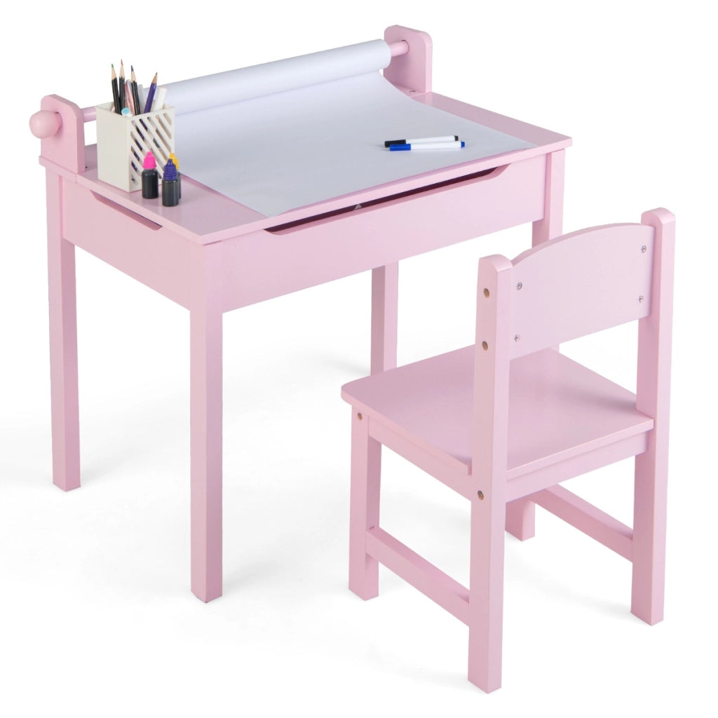 Tavolo per bambini con sedia vano portaoggetti e portarotolo per disegnare giocare, Set di tavolino con sedia Rosa