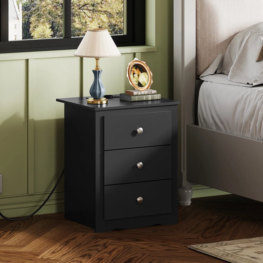 Comodino 3 Cassetti con Prese e USB ¨C Minimal ¨C 2 Pezzi, Nero