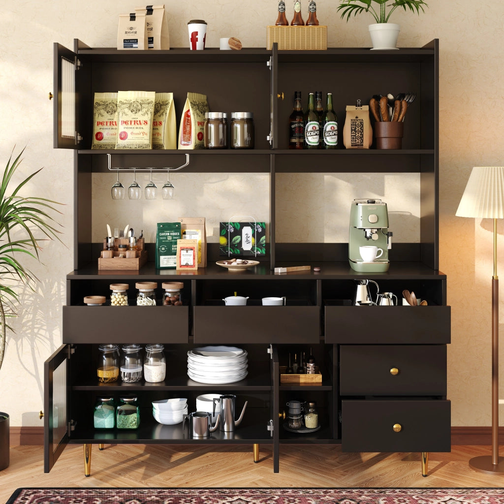 Mobile Alto da Pranzo ¨C Xylo ¨C Nero con Decoro Oro, Ante in Vetro, Porta Calici, 145x39x171