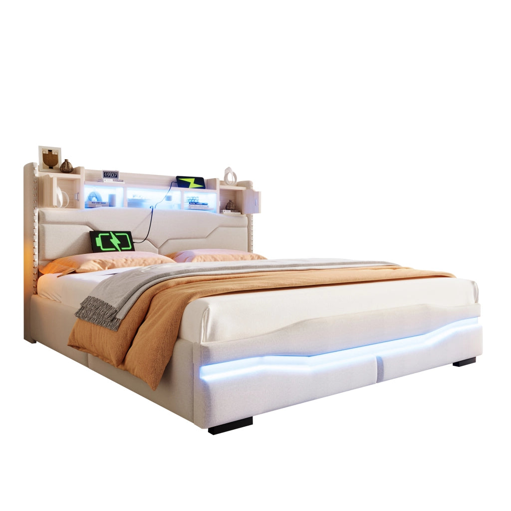 Letto Imbottito Contenitore con LED e USB ¨C MINIMAL ¨C 160x200, Beige, Idraulico