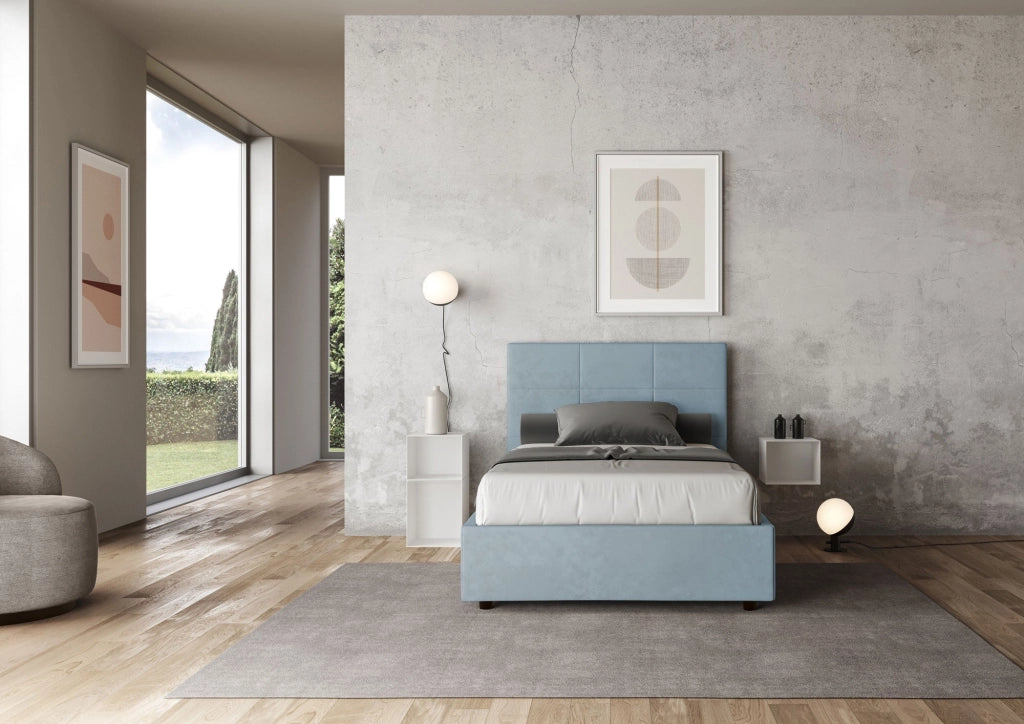 Letto 1 Piazza e Mezzo 120x190 cm con Rete e Contenitore Mika Azzurro