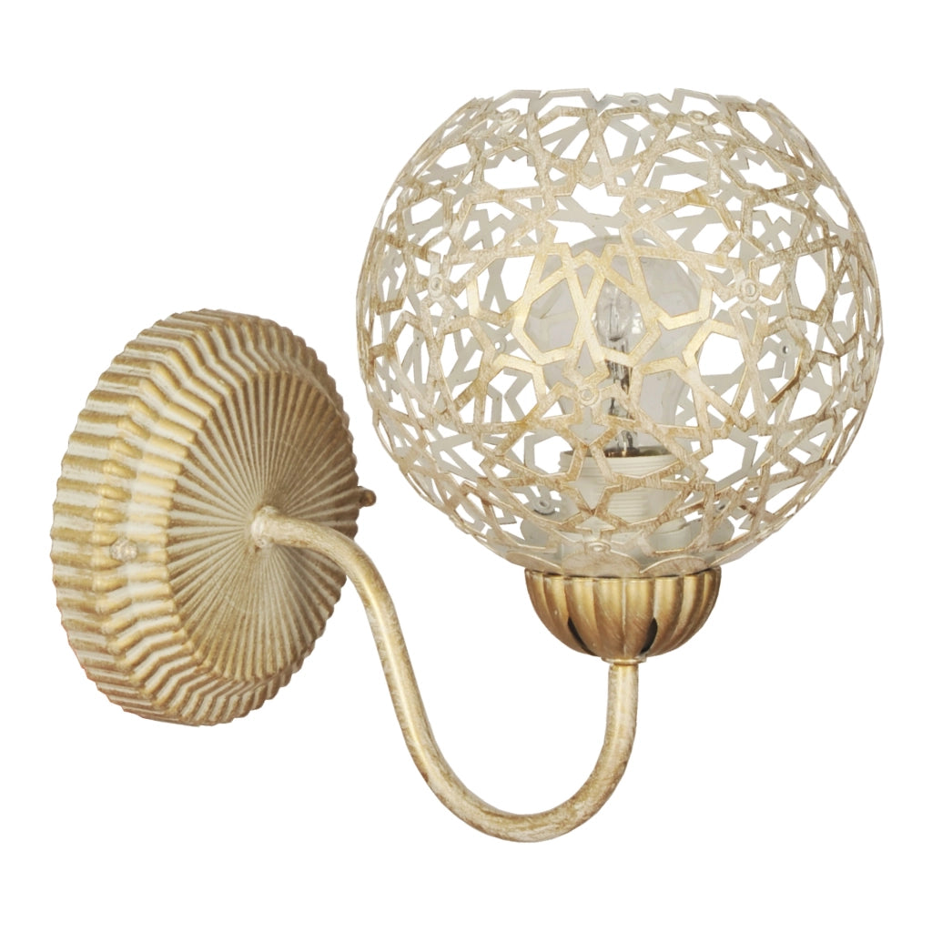 Applique 'Petherton' per Interni a Braccio Curvo Lampada da Parete con Paralume Sferico a Rete - color Oro con Patina Bianca - lux.pro