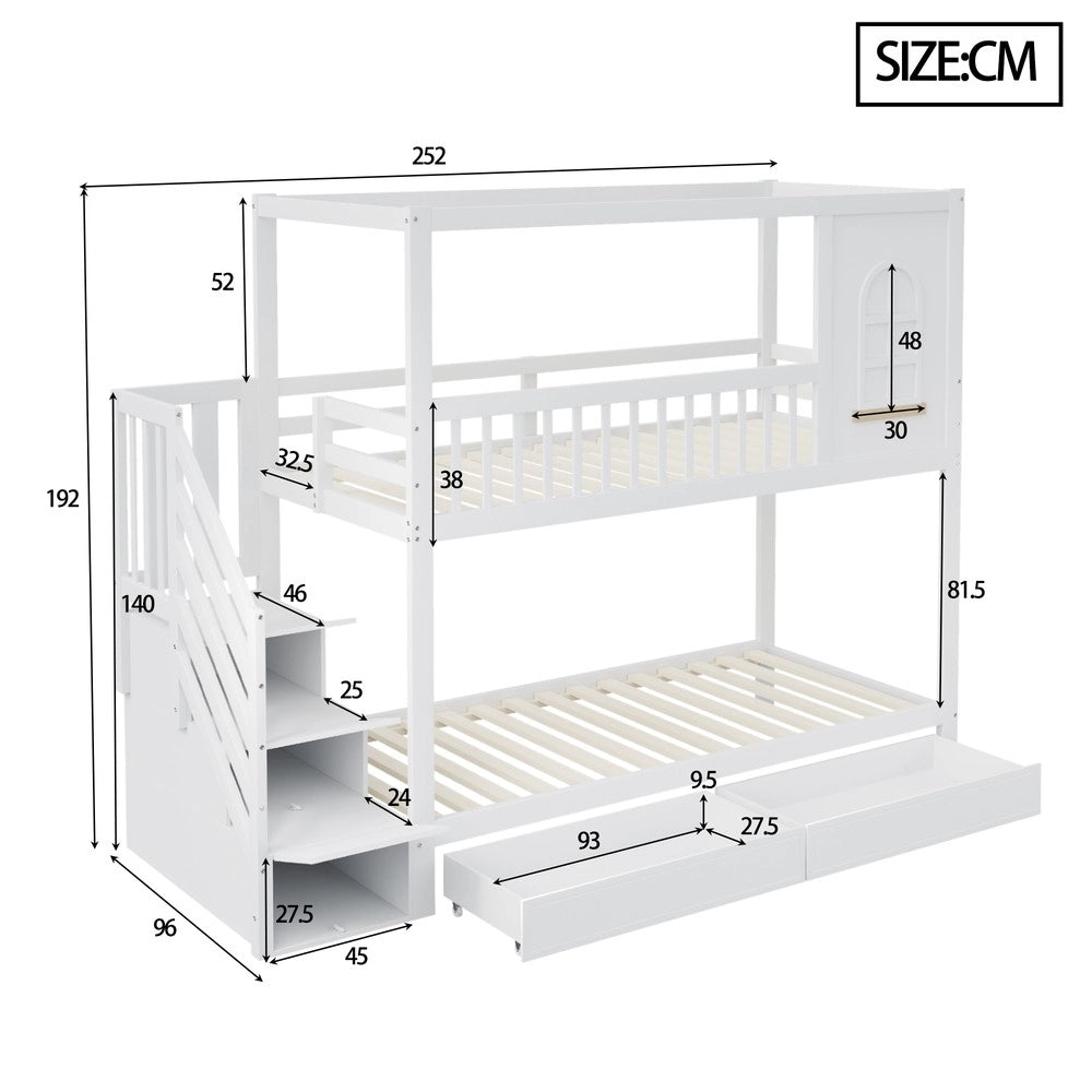 Letto a Castello Bambini in Legno Massello con Cassetti ¨C Xylo ¨C Bianco 90x200