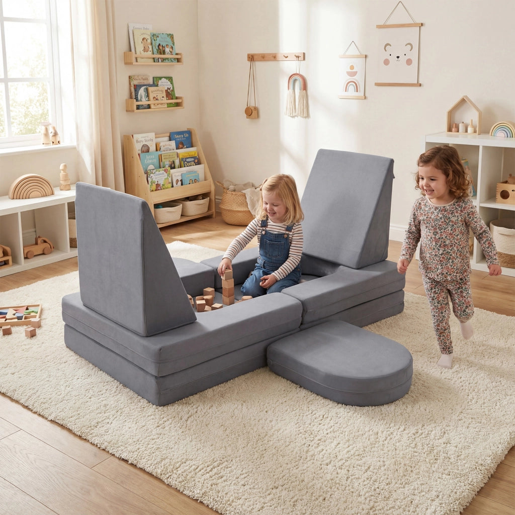 Divano da gioco per bambini trasformabile tessuto suede e schiuma ad alta elasticit¨¤, Poltrona modulare a 10 pezzi Grigio