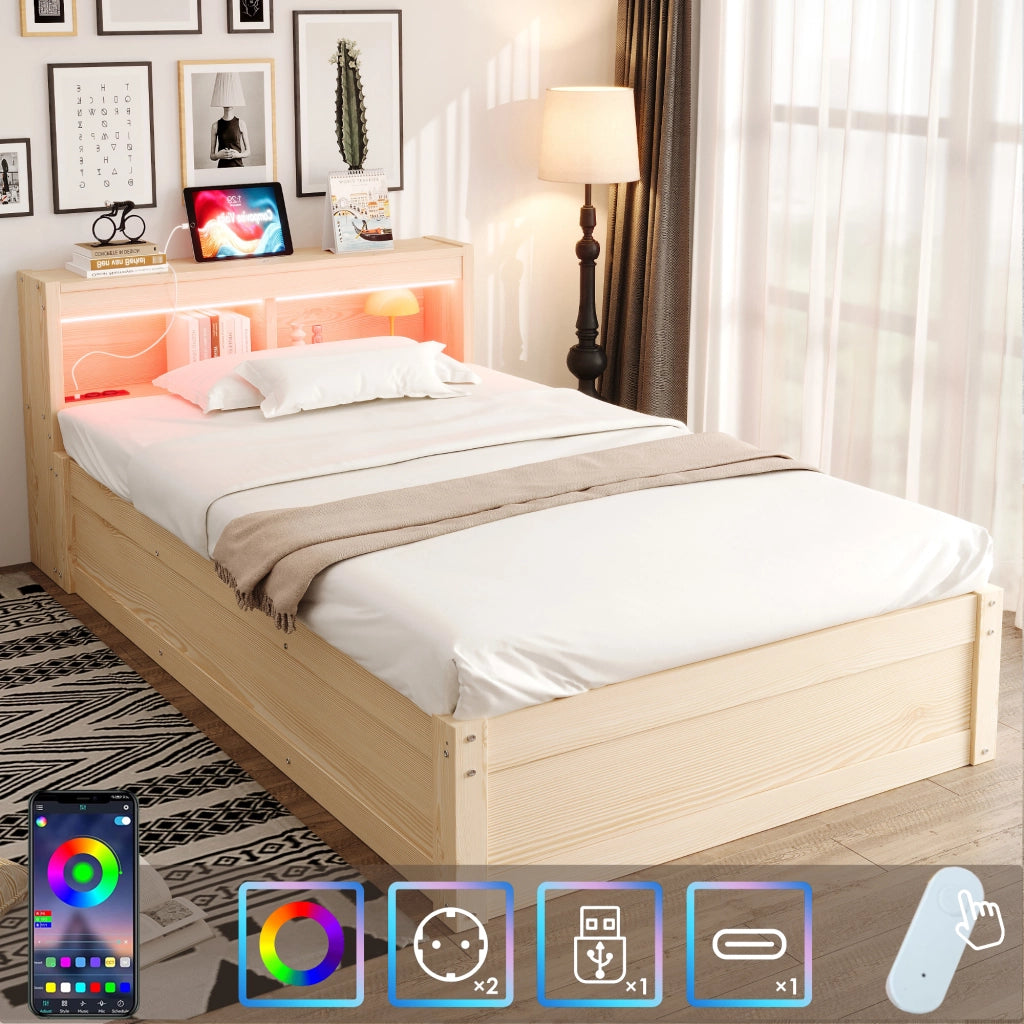 LETTO Multifunzione 90x200 cm Legno con presa e LED