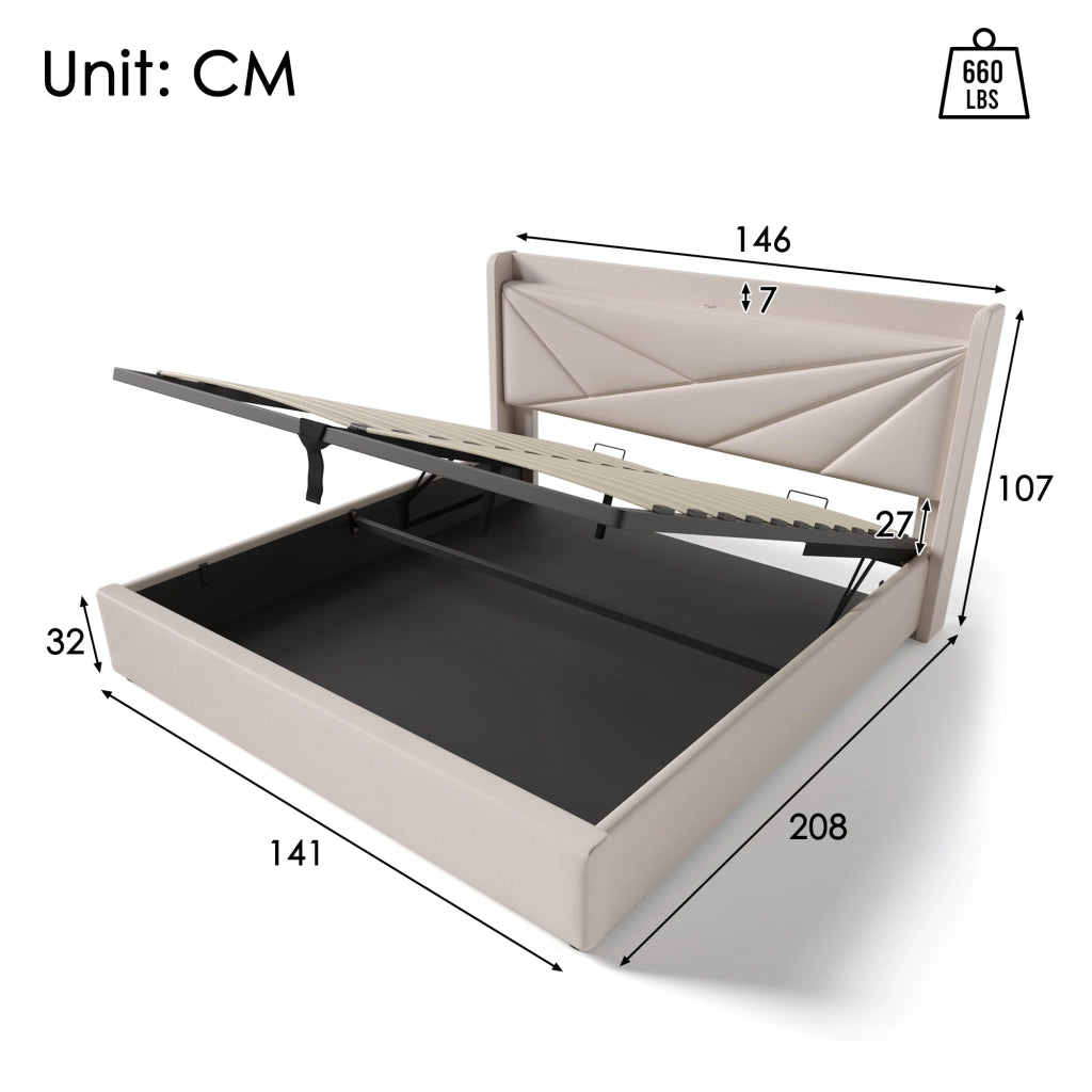 LETTO Contenitore 140x200 cm con USB e USB-C Testiera Geometrica Beige