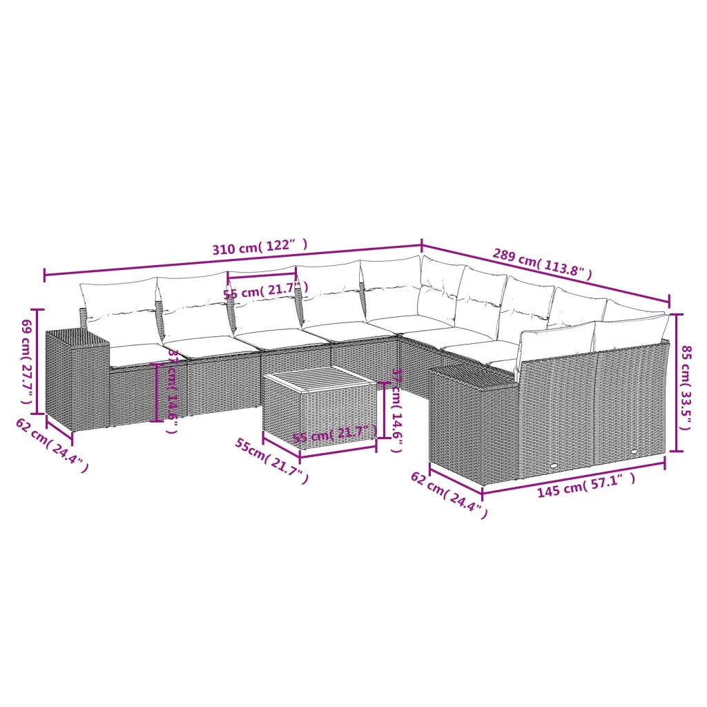 Set Divani da Giardino 11 pz con Cuscini in Polyrattan Grigio 3225640