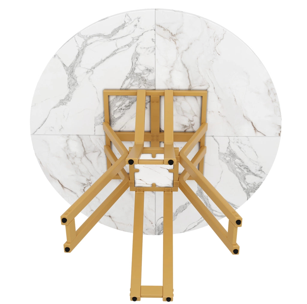 Tavolo da pranzo rotondo 100x100x76 cm in MDF e metallo; bianco e oro