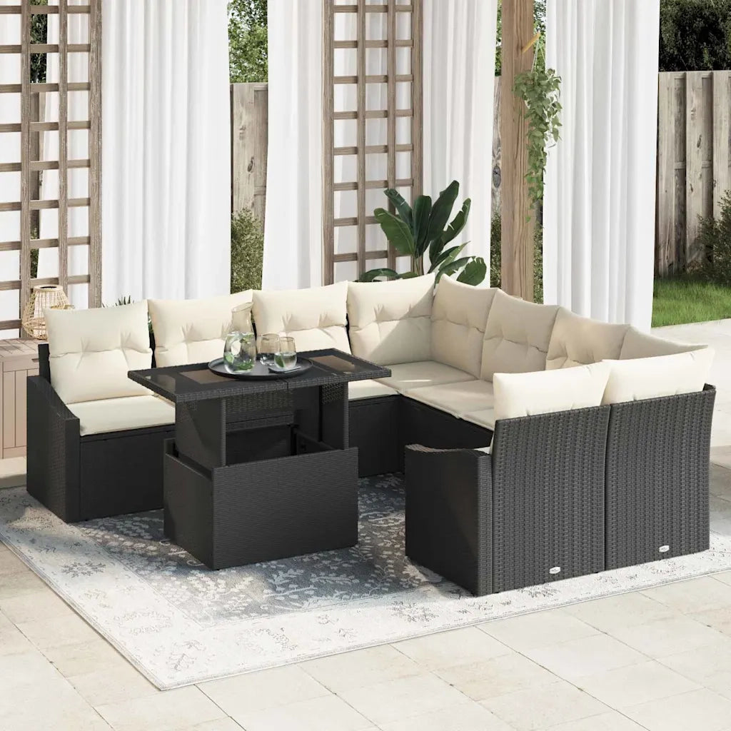 Set Divano da Giardino 9 pcs Nero e Crema polyrattan 3348973