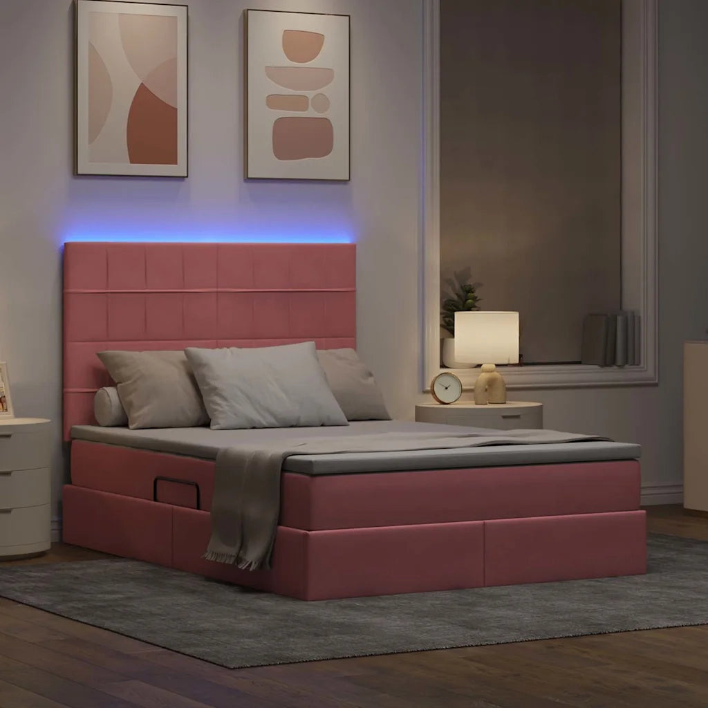 Letto con contenitore e LED con led Rosa 140 x 200 cm Velluto
