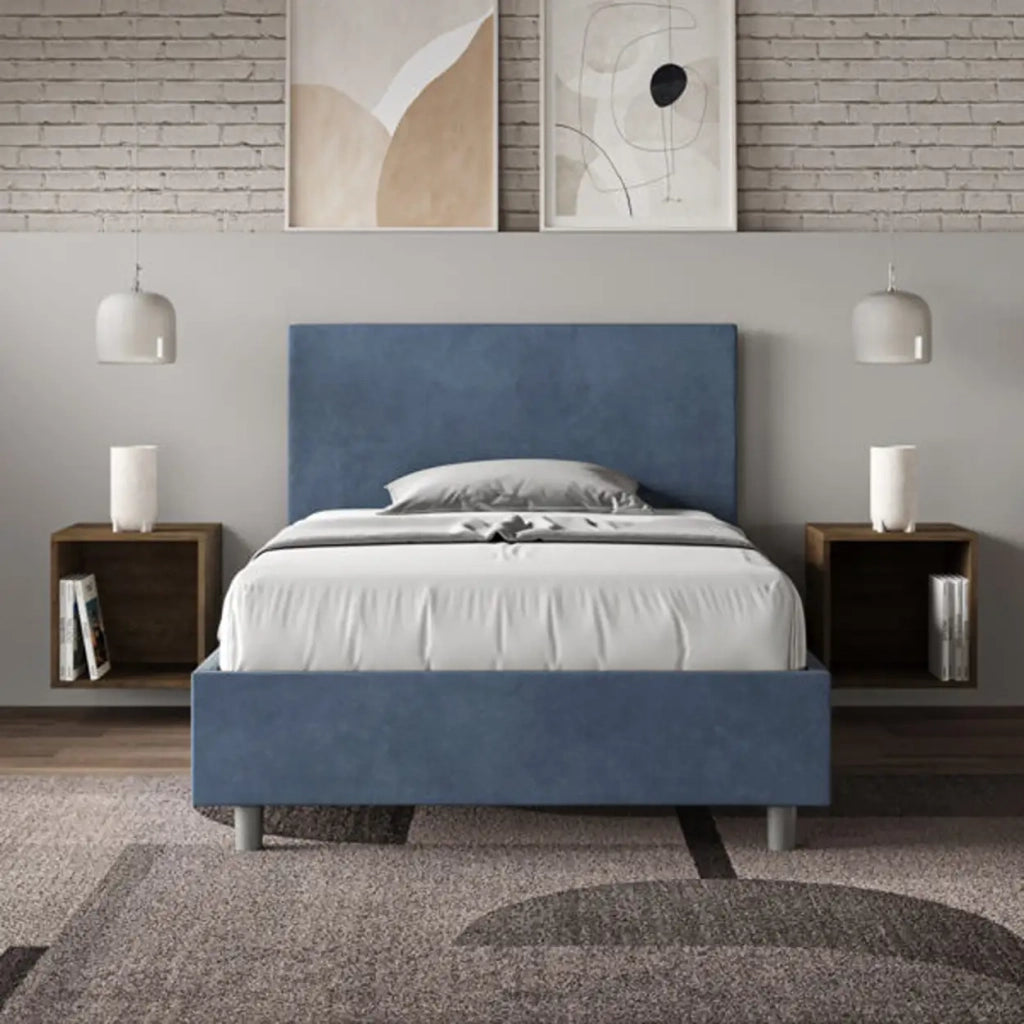 Letto una piazza e mezza con rete imbottito 120x190 microfibra blu Adele