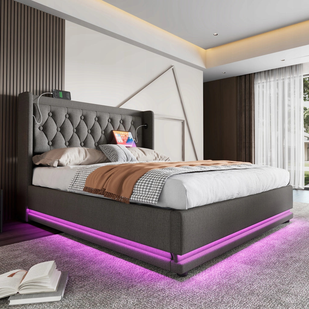 Letto imbottito 140x200 grigio - Xylo - Idraulico, LED, USB-C