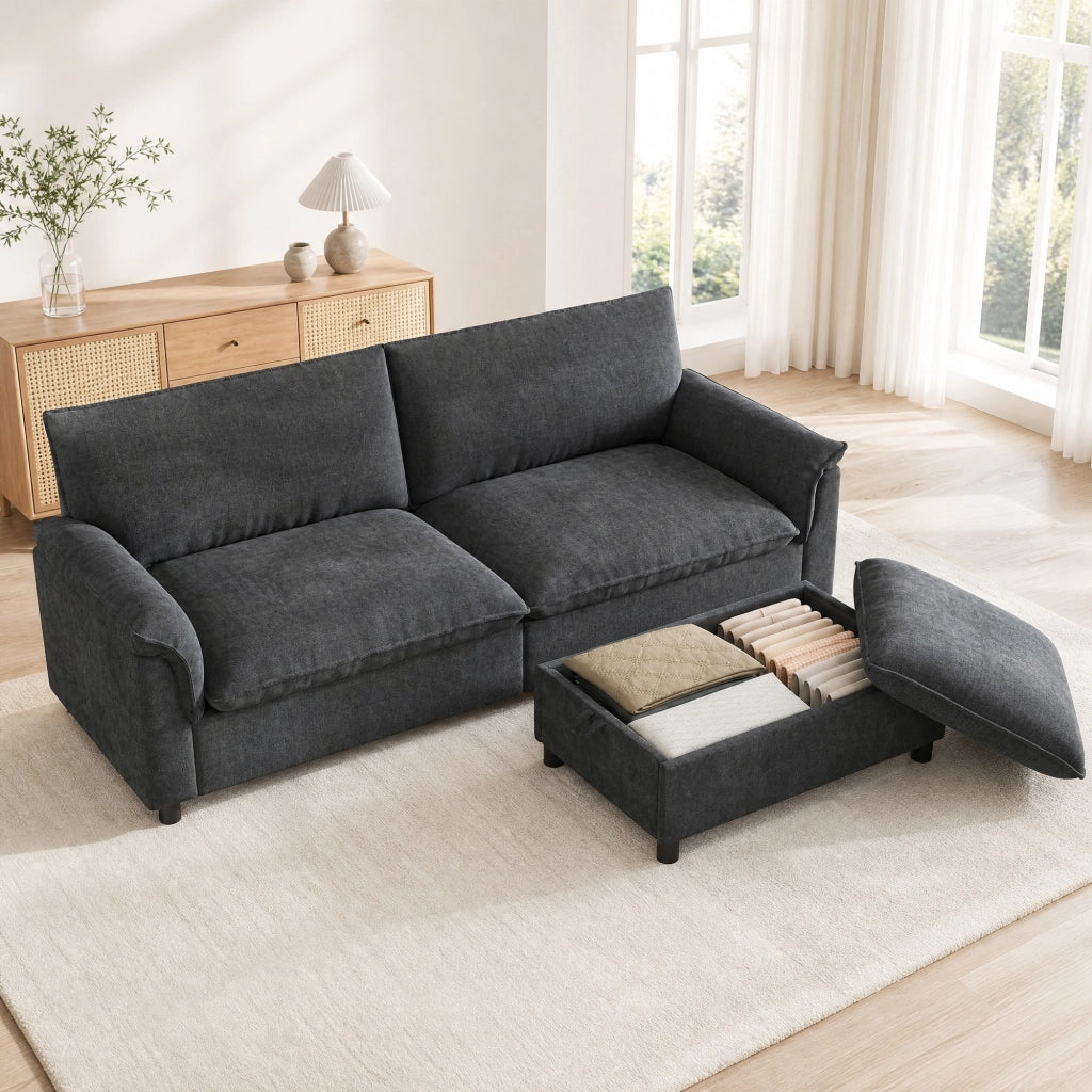 DIVANO Angolare Modulare 216 cm in Chenille Nero con 1 poggiapiedi