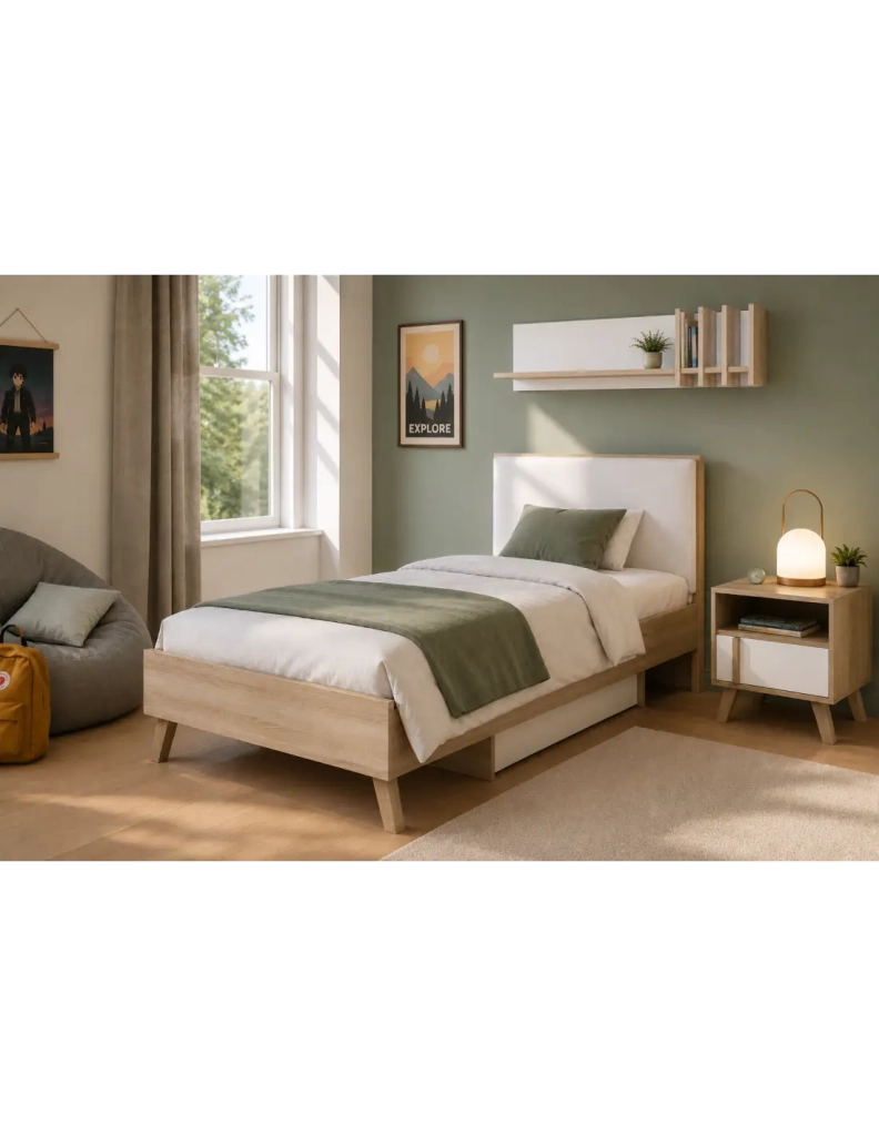 Set camera da letto bambino MALMO con letto 90x200 e comodino - Rovere chiaro e bianco