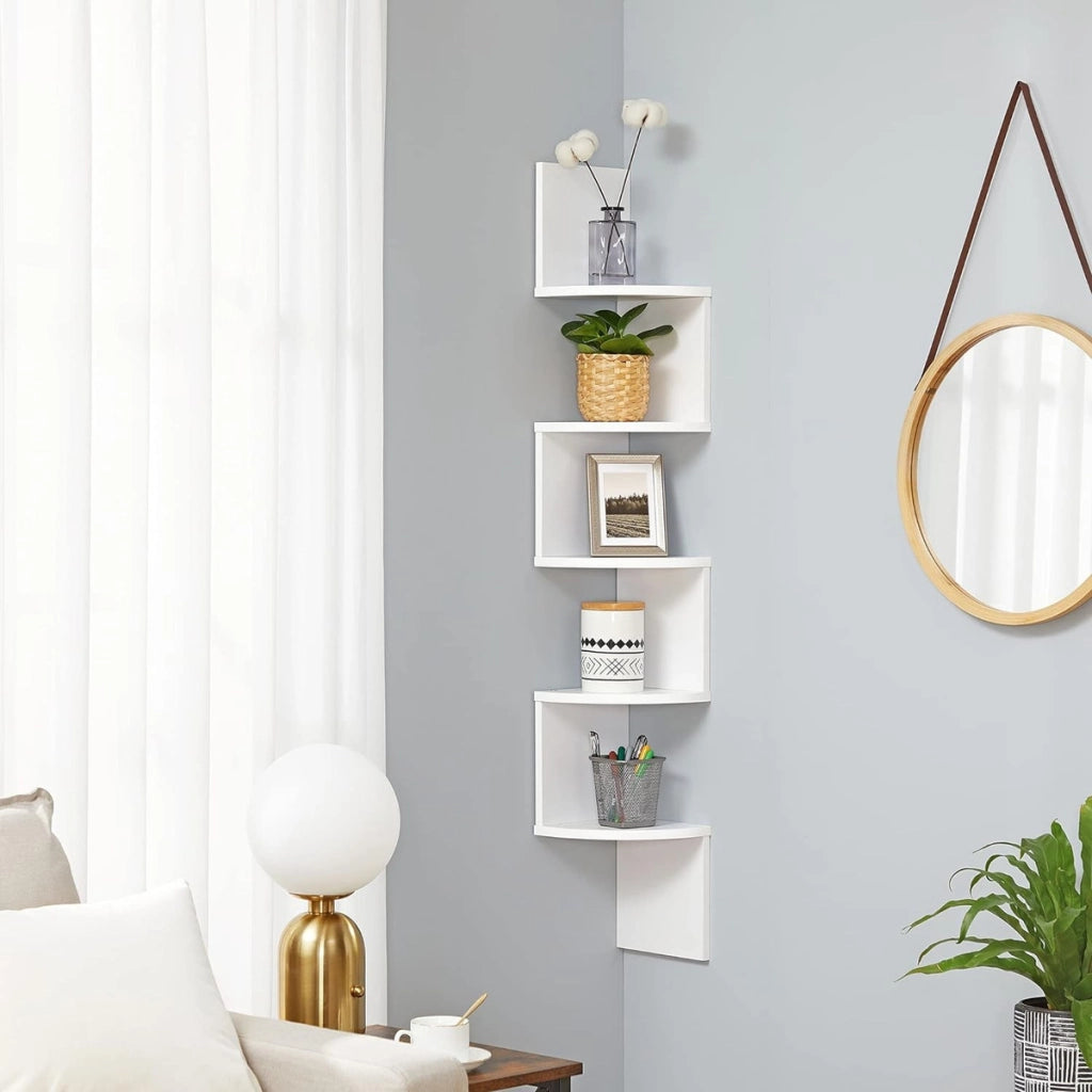 Scaffale angolare a parete bianco con 5 ripiani a zig-zag