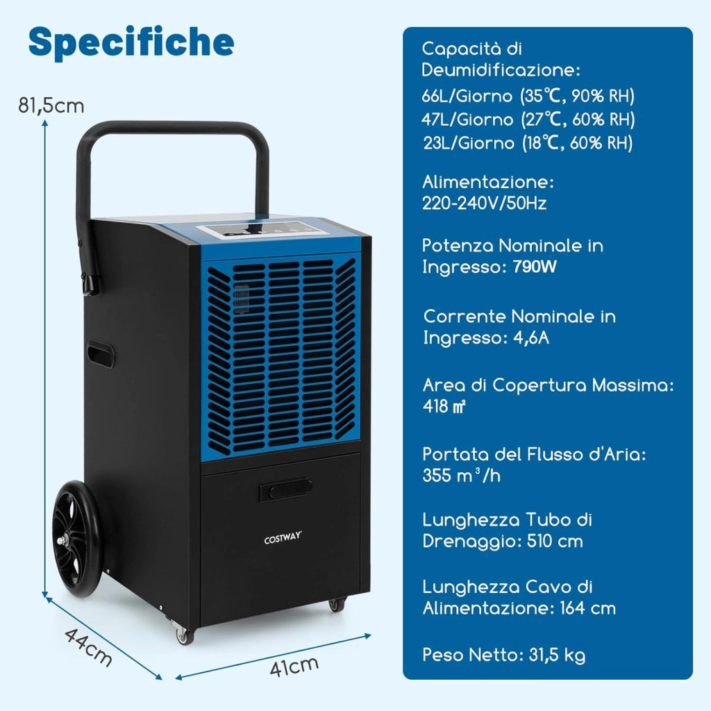 66 L Deumidificatore Commerciale, Deumidificatore con Pompa e Tubo di Drenaggio, Deumidificatore Industriale con Timer 24H e 4 Ruote per Cantina Magazzino (Blu)