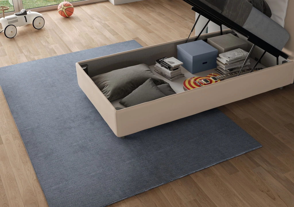 BS COM Letto singolo contenitore imbottito 90x190 microfibra sabbia