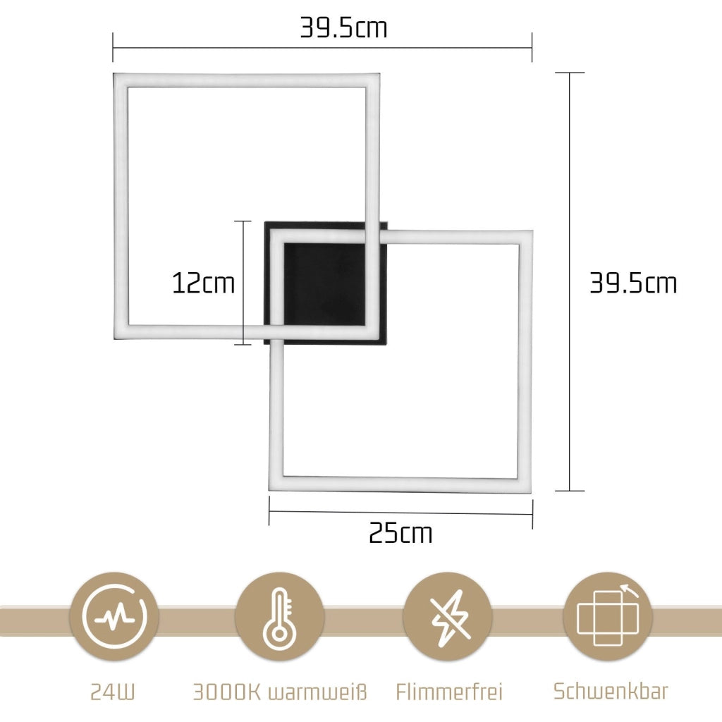 ZMH Lampada da soffitto LED nera moderna quadrata 2 cornici 3000K per soggiorno