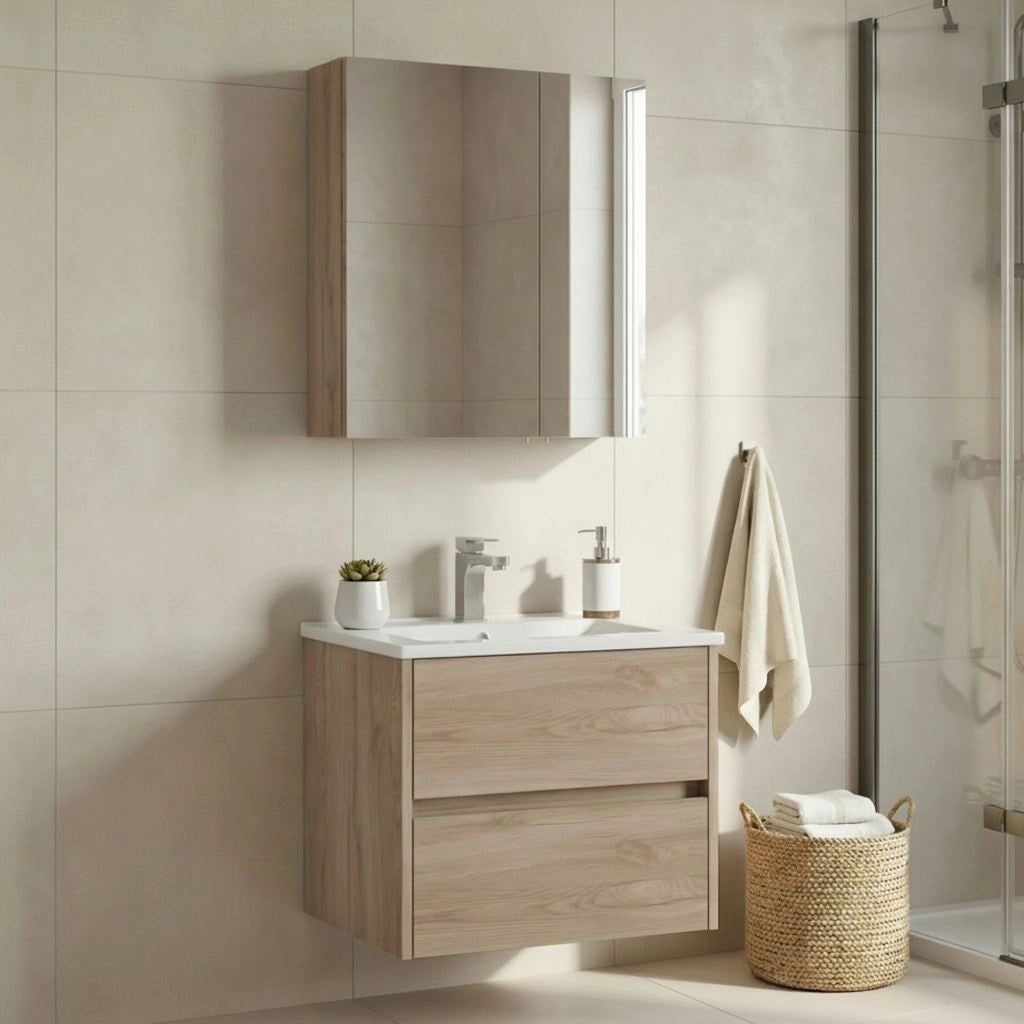 Set mobile lavabo con specchio (2 pezzi) "Side 65 v2" - 65 x 45 x 52 cm - Rovere