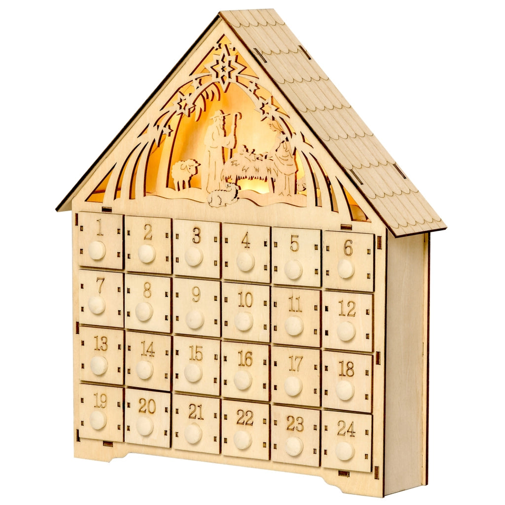 Calendario dell'Avvento in Legno con 24 Cassetti ¨C Xylo ¨C Decorazione Natalizia con Presepe e Luci, 26.6x6x30cm