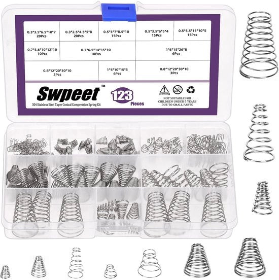 Asortimento di coniche a vite conica con veere a toletta, veere a cono metallico, veere a compressione piccola per riparazione, 10 misure, 0,3/0,5/0,7/0,8/1 mm, set di 123 pezzi, conico a vite in acciaio inossidabile