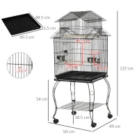 Gabbia per Uccelli da Interni in Legno con Vassoio, 4 Ruote e Trespolo, 50x49x137cm