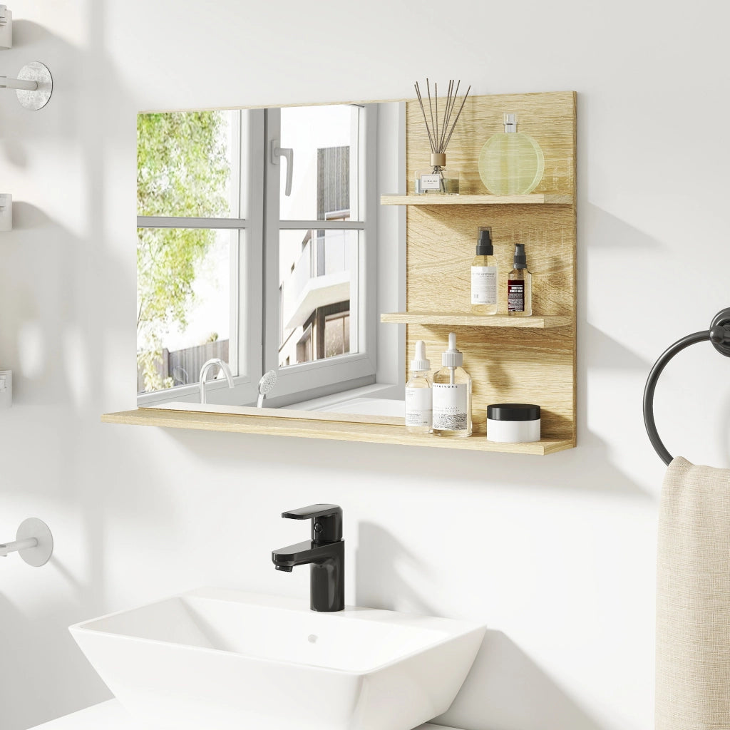 Specchio Bagno con Ripiani Laterali e Inferiore in Legno e Vetro ¨C Minimal ¨C 75x10x48 cm