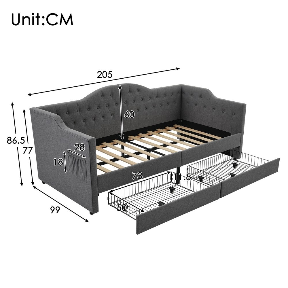 Letto Imbottito con Cassetti e USB ¨C MINIMAL ¨C Grigio, 90x190