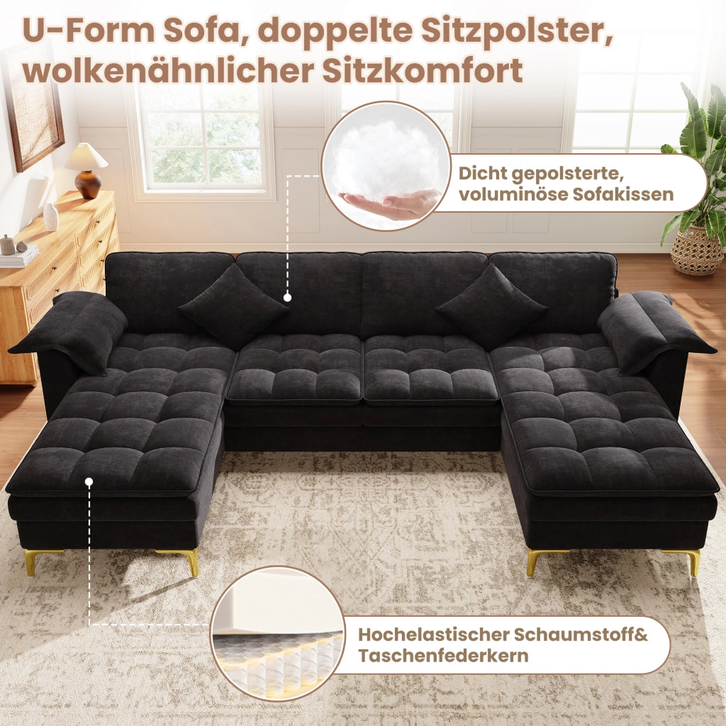 DIVANO A U Modulare 262x134x86 cm Chenille Nero
