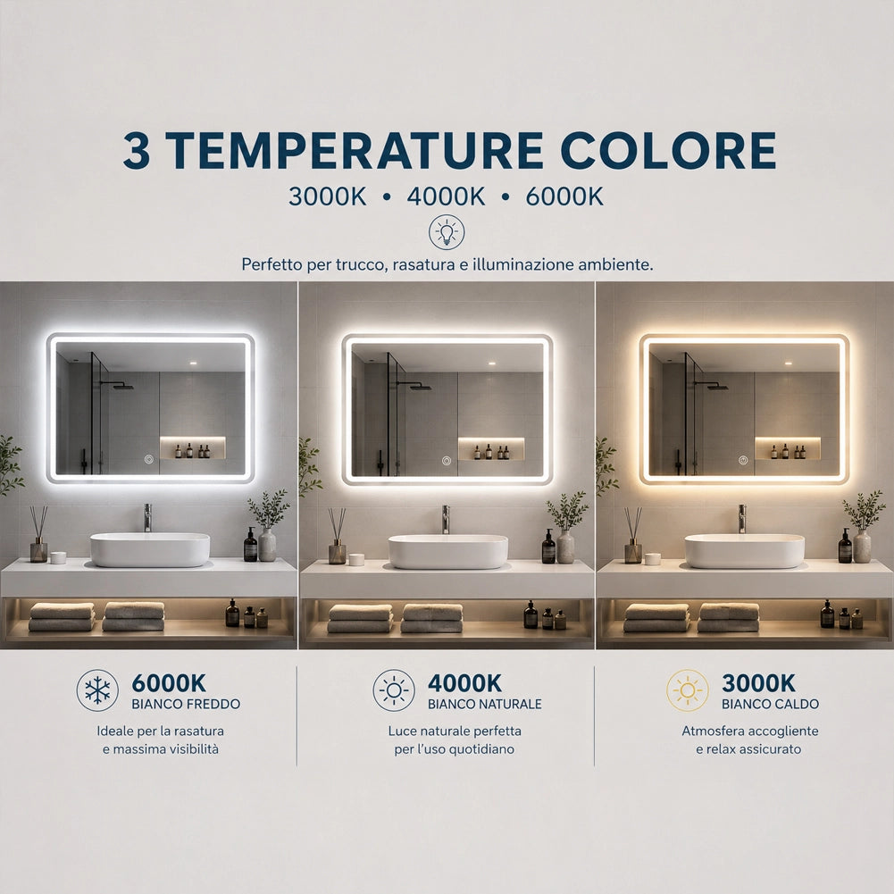 Specchio Rettangolare da Parete con Led Bianco Freddo Caldo e Naturale 80x60cm