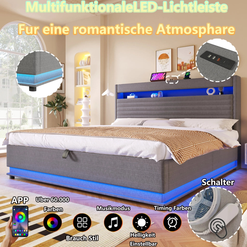 LETTO imbottito 180x200 cm in lino grigio con USB Type-C e LED, senza materasso