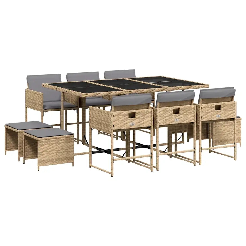 Set Pranzo da Giardino 11 pz con Cuscini Beige Misto Polyrattan