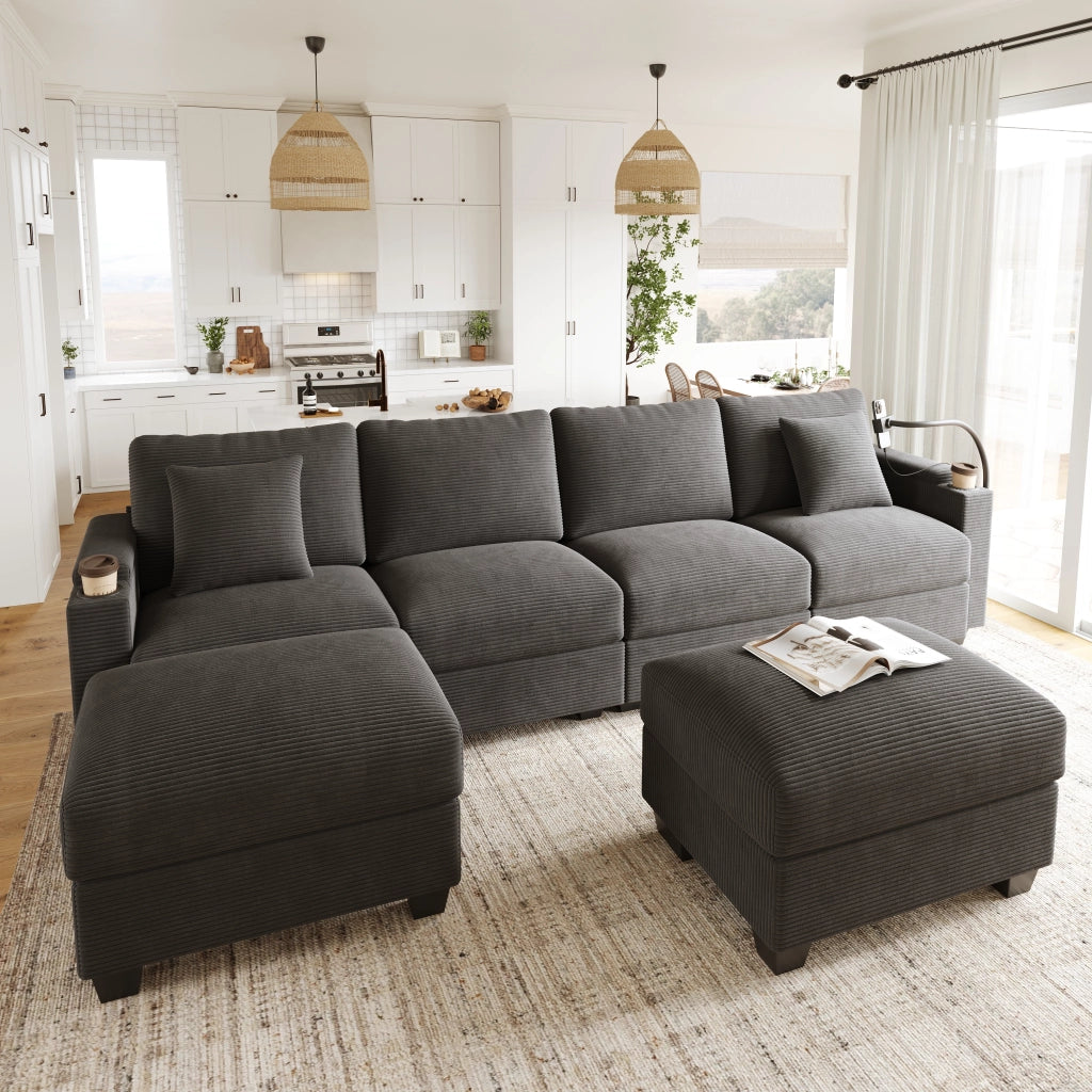 Sistema modulare divano angolare con funzione letto - Zephmum- USB e supporto smartphone, Grigio