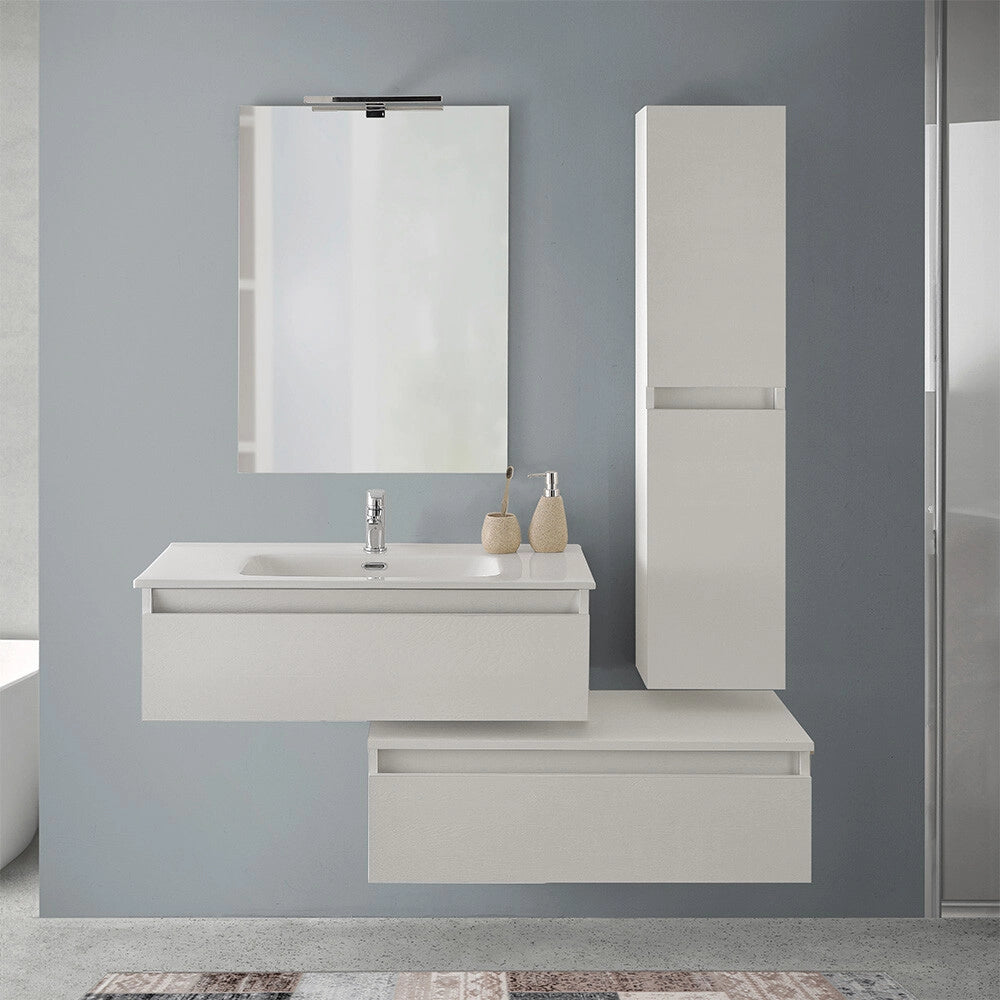 Mobile bagno sospeso 90 rovere bianco con lavabo e pensile Nadia