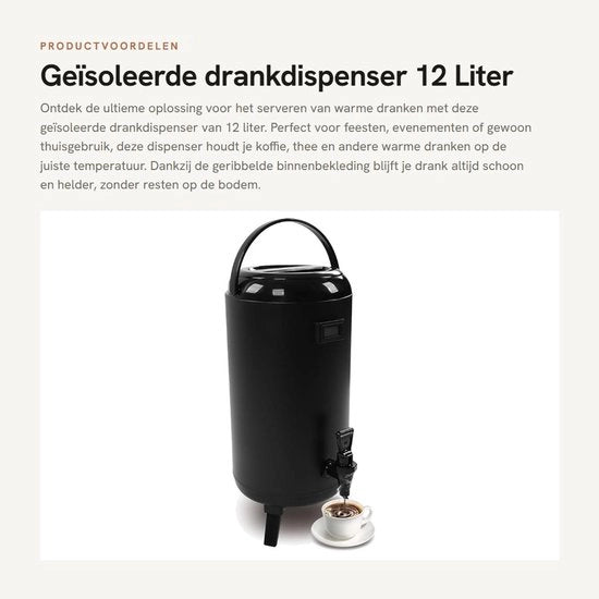 Dispensatore acqua calda 12 l - Isolato - Acciaio inox - Display temperatura - Rivestimento interno ondulato - Adatto per bevande calde - Dispensatore termico