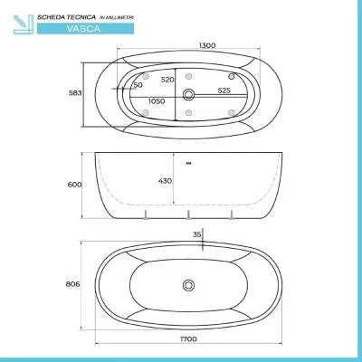 Vasca da bagno freestanding 170x80 per centro stanza modello Betta