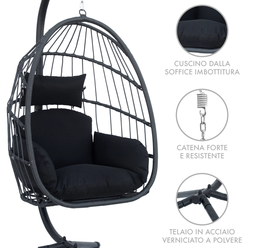 Sedia A Dondolo Poltrona Pensile Sospesa In Rattan Struttura In Acciaio Cuscini Sfoderabili Ovetto Richiudibile Altalena Giardino Casa Struttura Inclusa - Grigio scuro
