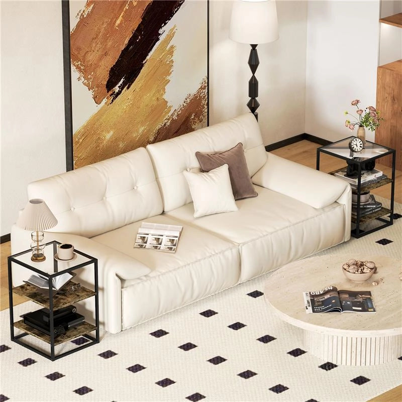 SET 2 TAVOLINI DA SOGGIORNO A 3 LIVELLI IN LEGNO E METALLO CON PIANO IN VETRO TEMPERATO 37X40X55.5 CM MARRONE