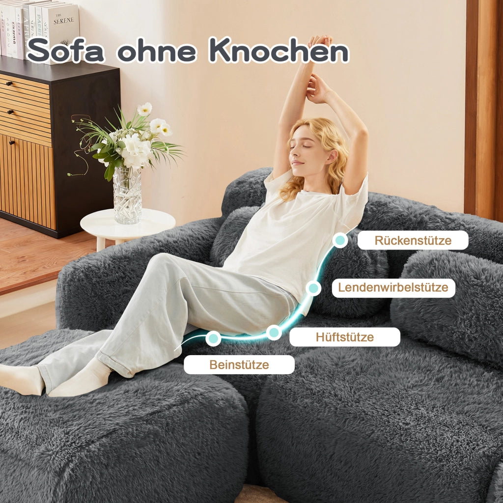 Divano Modulare a U con Pouf; Supporto Ergonomico e Base Antiscivolo; in Peluche; Grigio