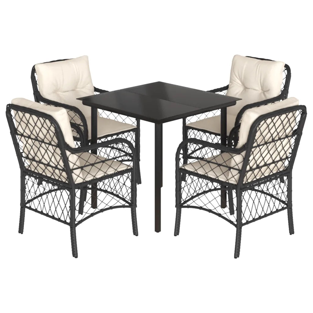Set da Pranzo da Giardino 5 pz Nero con Cuscini in Polyrattan