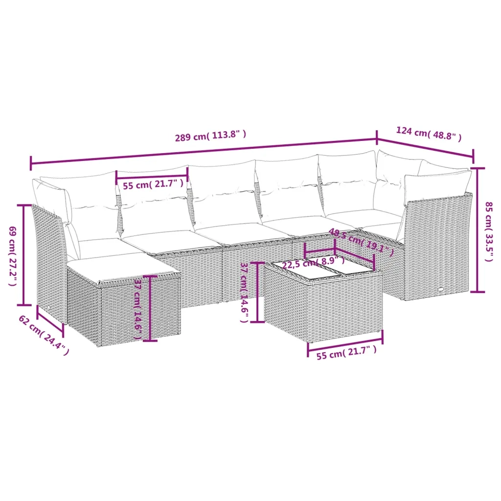 Set Divani da Giardino con Cuscini 8 pz Nero in Polyrattan 3263202