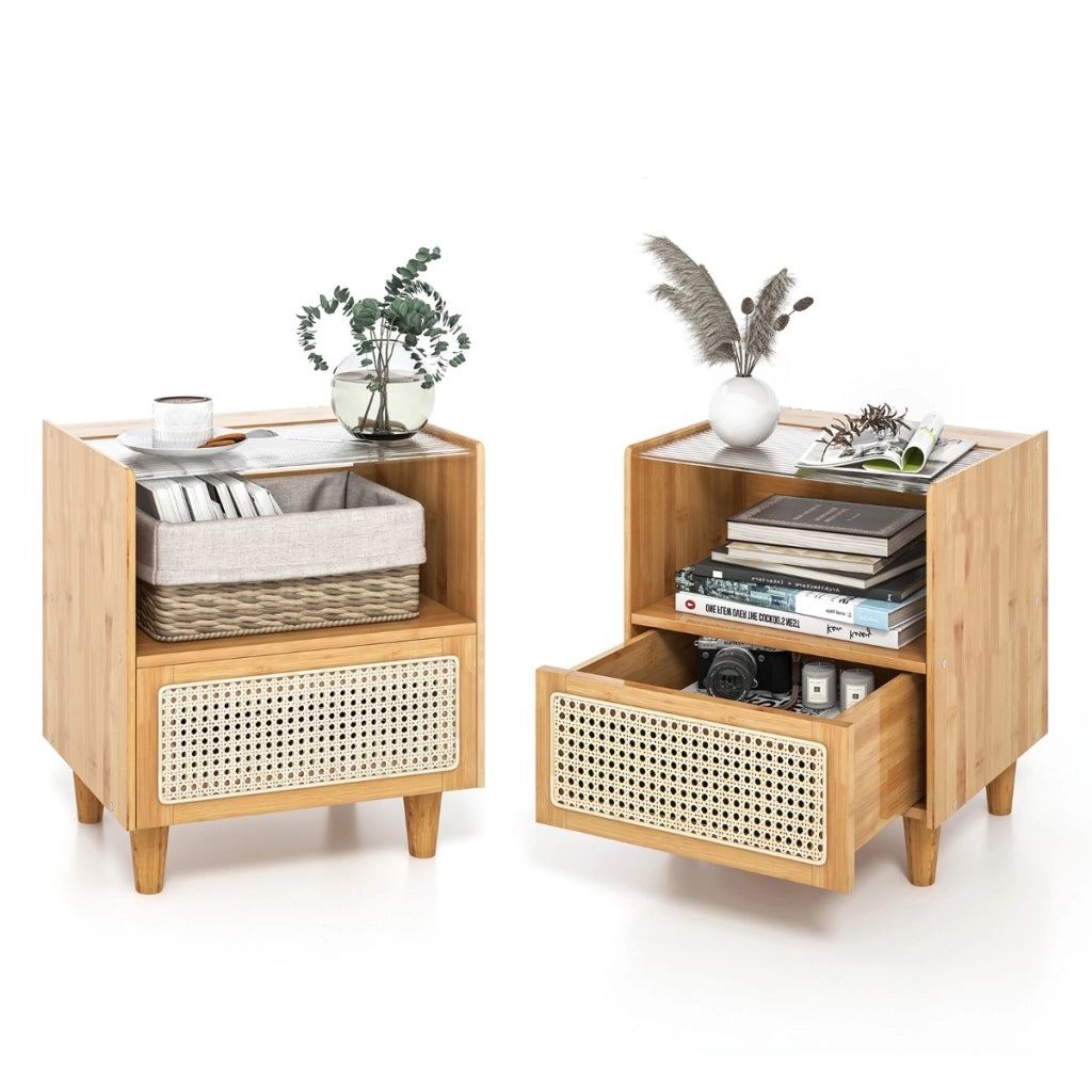 Comodino in bamb¨´ e rattan con cassetto e gambe in legno massello, Tavolino da salotto boho 43x35x50cm Naturale 2 Pezzi