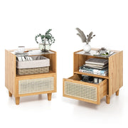 Comodino in bamb¨´ e rattan con cassetto e gambe in legno massello, Tavolino da salotto boho 43x35x50cm Naturale 2 Pezzi