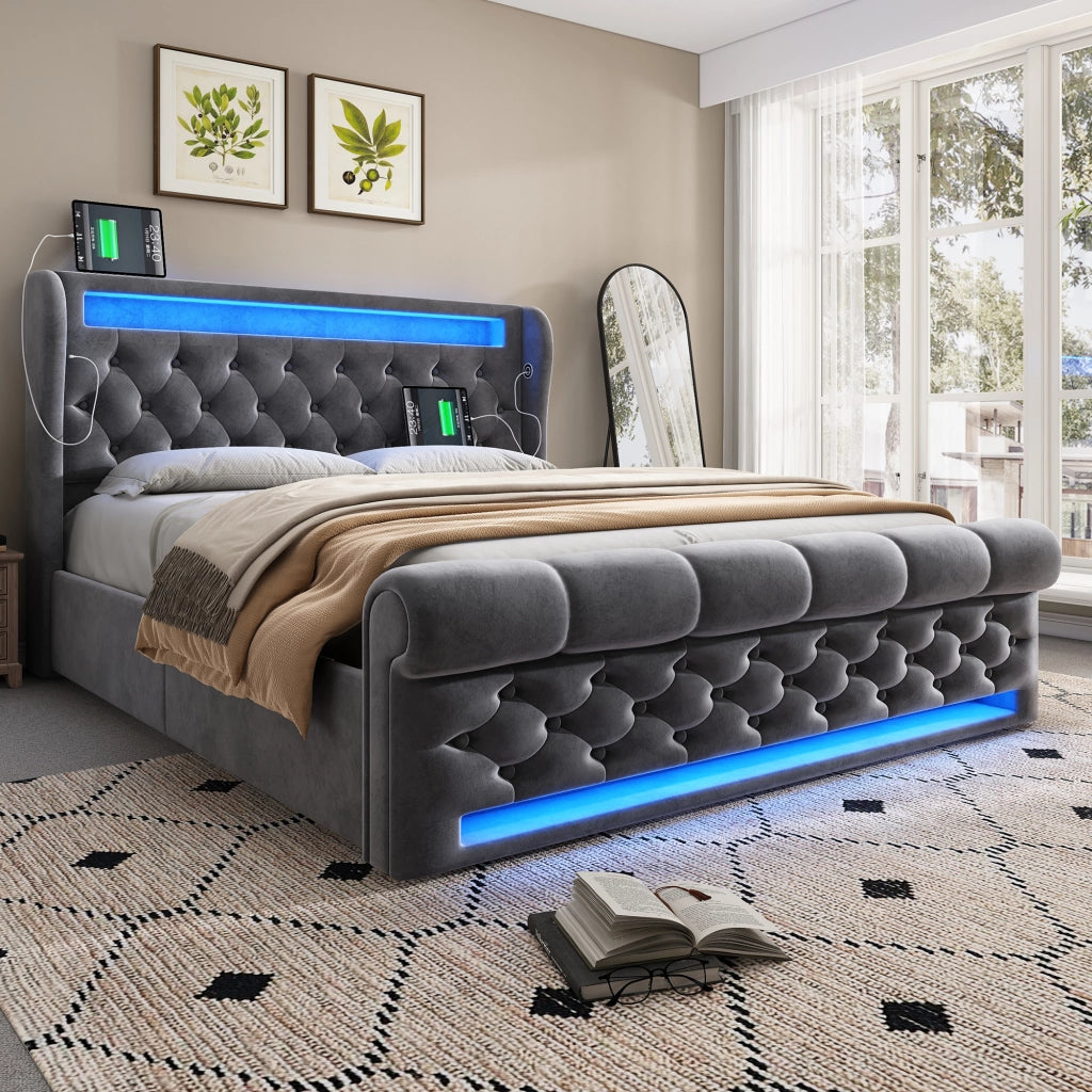LETTO imbottito 140x190 cm in velluto grigio con LED, USB e Type C