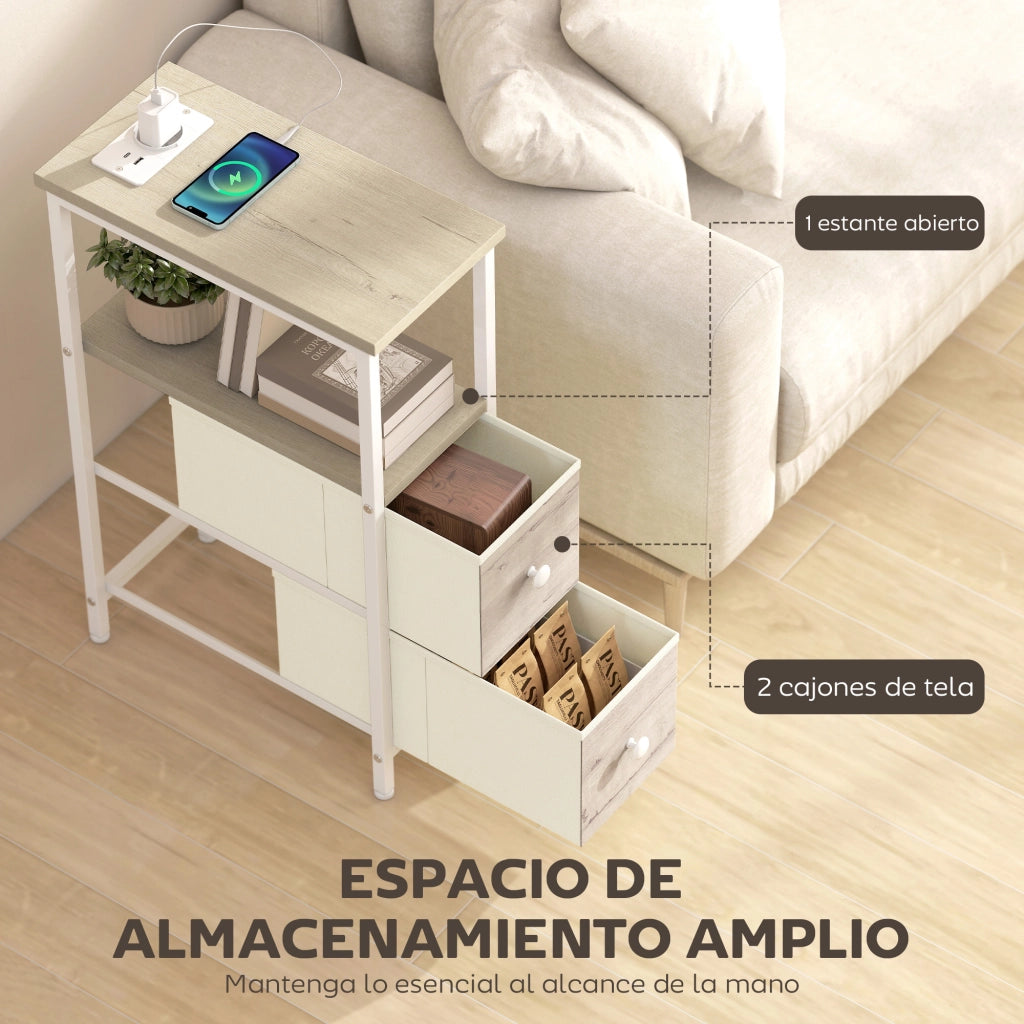 Tavolino ¨C Minimal ¨C Tessuto naturale, 2 cassetti, con presa AC e USB